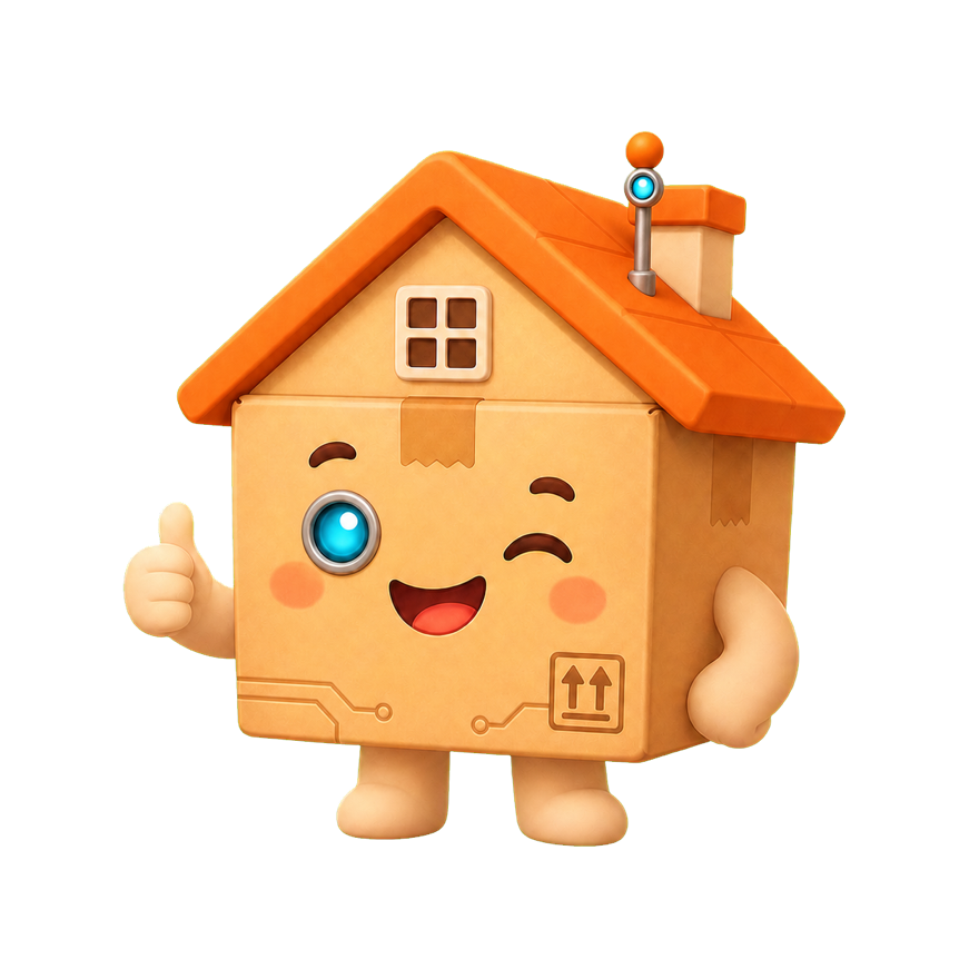 Housenator, our smiling orange house-shaped robot, giving a thumbs-up