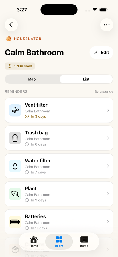 Housenator's room list, showing a vent filter, trash bag, water filter, plant, batteries, and curtains with time remaining